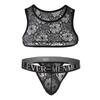 Sexy Crop Top Lace Thong Set Men's Erotic Panties Man Tanga Hombre Underwear Tank Sleeveless Lingerie Harness Sleepwear Costume