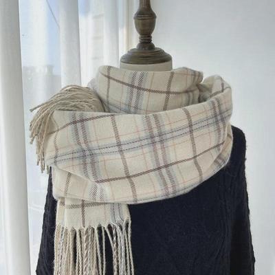 Women's Imitation Cashmere Plaid Scarf - Korean/Japanese Style, Warm Contrast Color Tassel Shawl for Autumn/Winter.