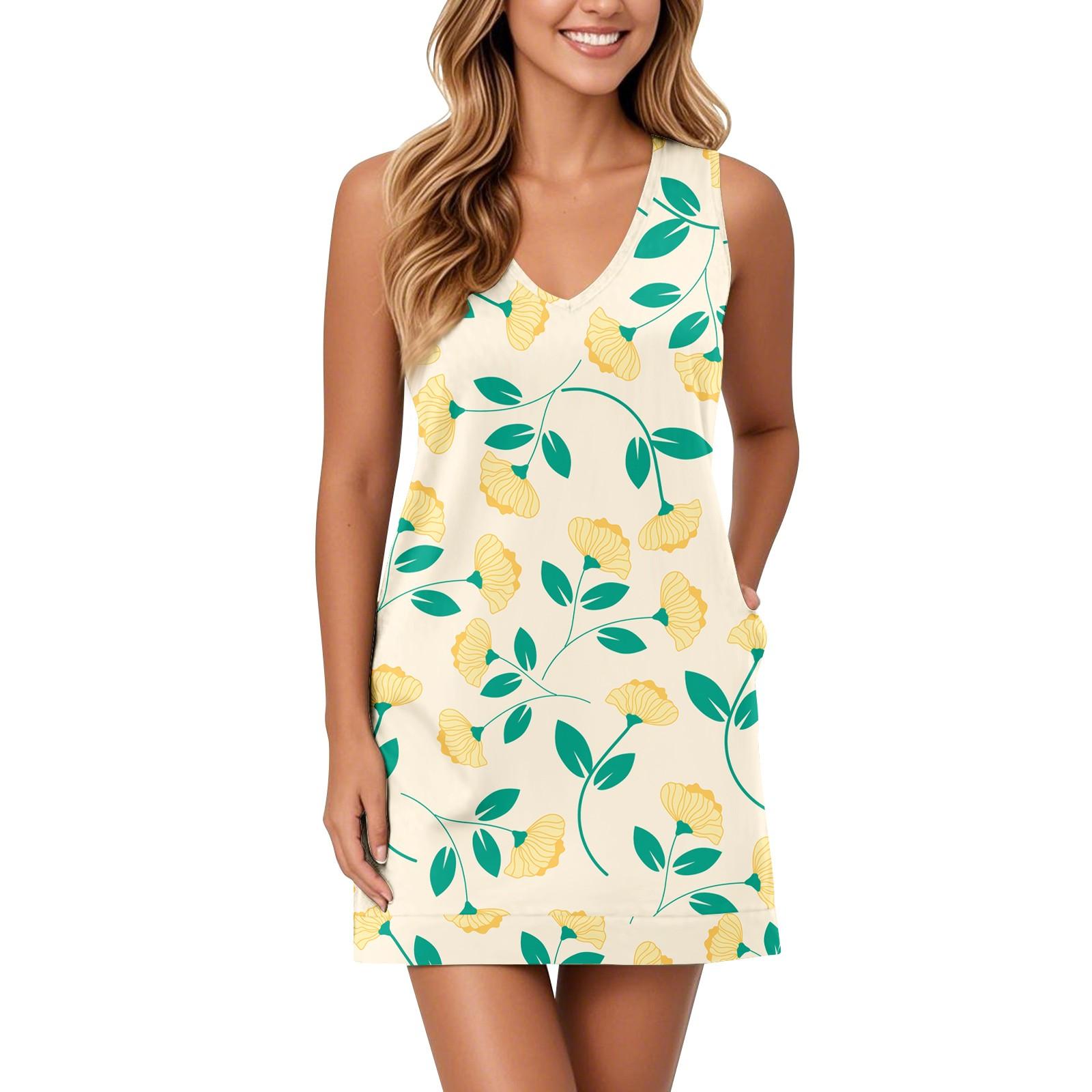 

Мягкое платье-майка с V-образным вырезом для женщин, сарафан без рукавов, повседневное свободное летнее платье с карманом S хаки