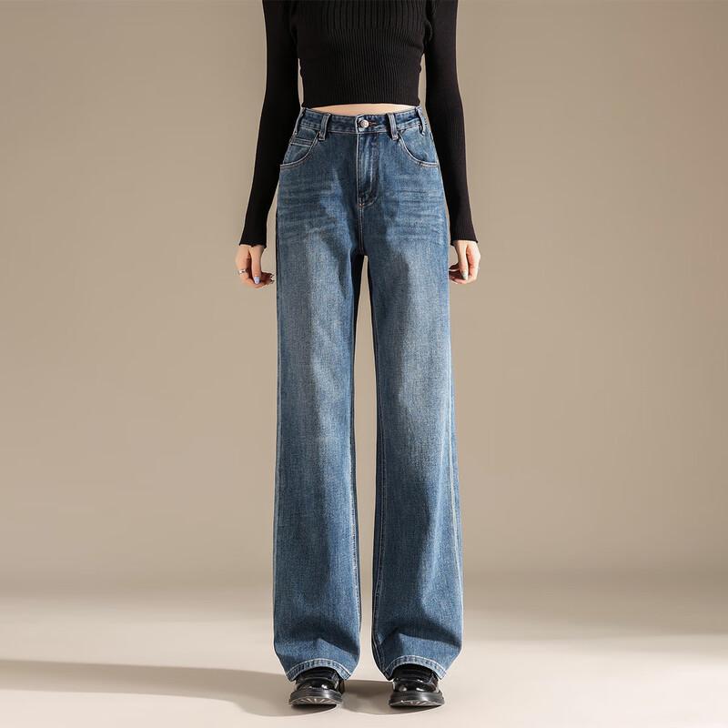 

RAIN.CUN Women s Winter Plus Velvet High-Waist Straight Jeans 32