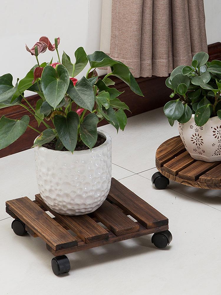 30cm Round Carbonized Wood Plant Pot Stand with Wheels Movable Flower Pot Tray Base