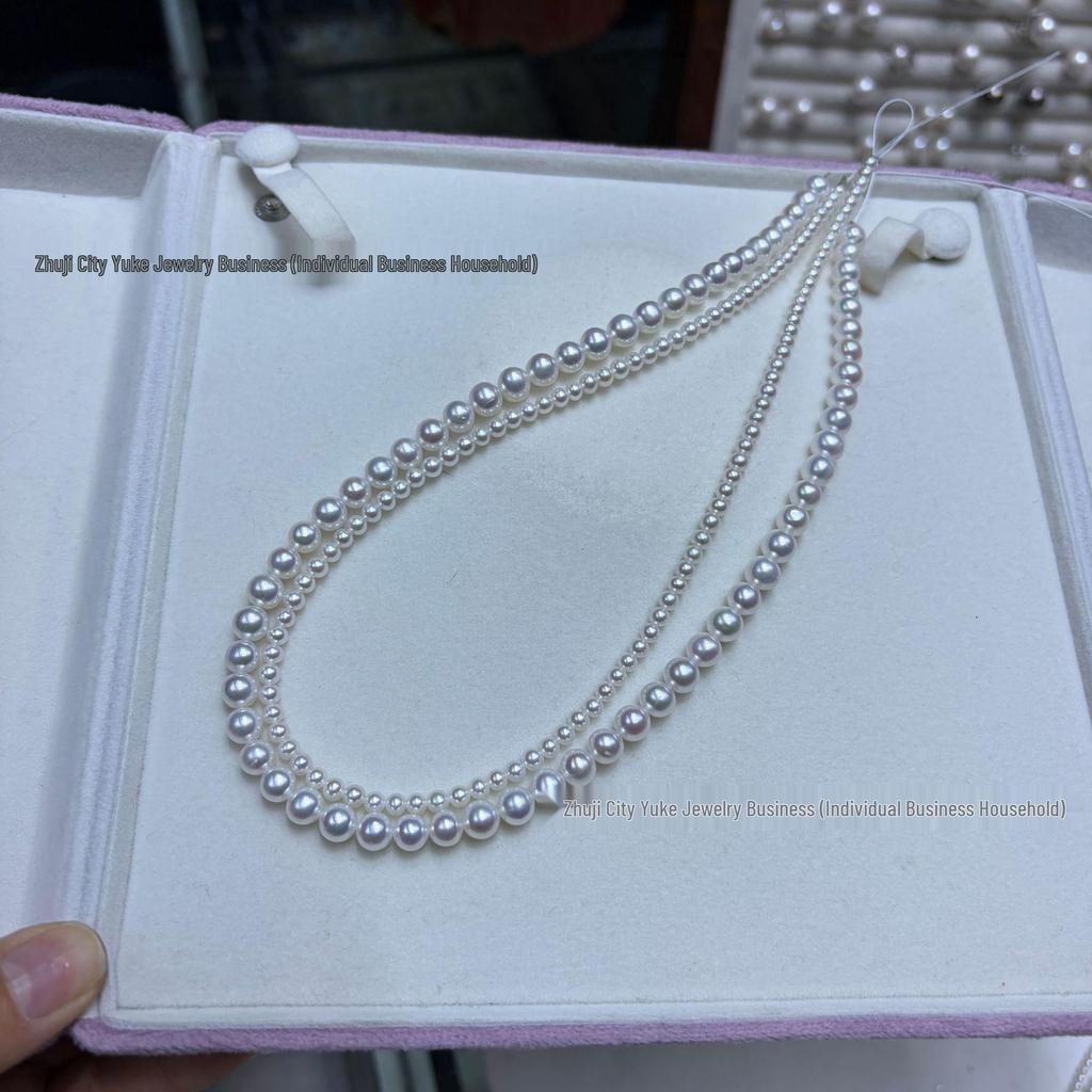 Natural Freshwater Pearls White Double Layer Necklace with Near-Round 3-4/6-7mm Pearls and Figure-8 Clasp.