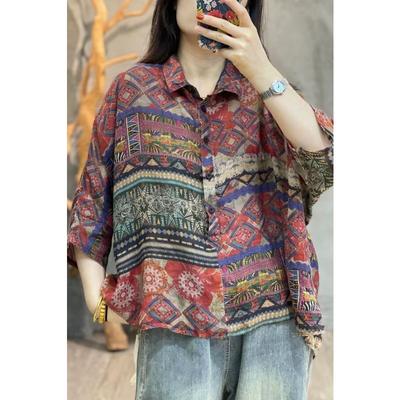 Women's Oversized Ethnic Geometric Print Shirt 3/4 Sleeve Loose Fit Casual Blouse
