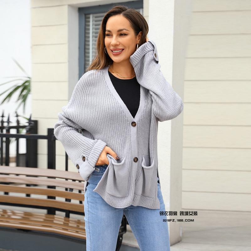 2026 Neue modische V-Ausschnitt Strickjacke Lockerer Pullover Langarm Tasche Oberteil