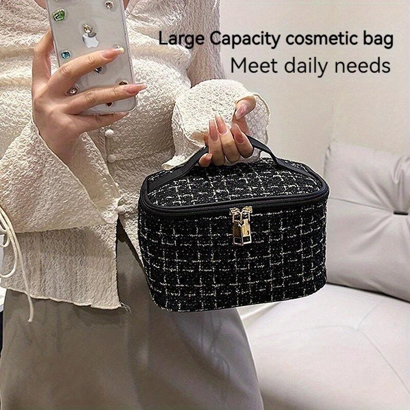 1pc Fashion Cosmetic Bag Large Capacity Portable Handbag Woven Cosmetics Makeup Brush Storage Household Travel Wash Bag