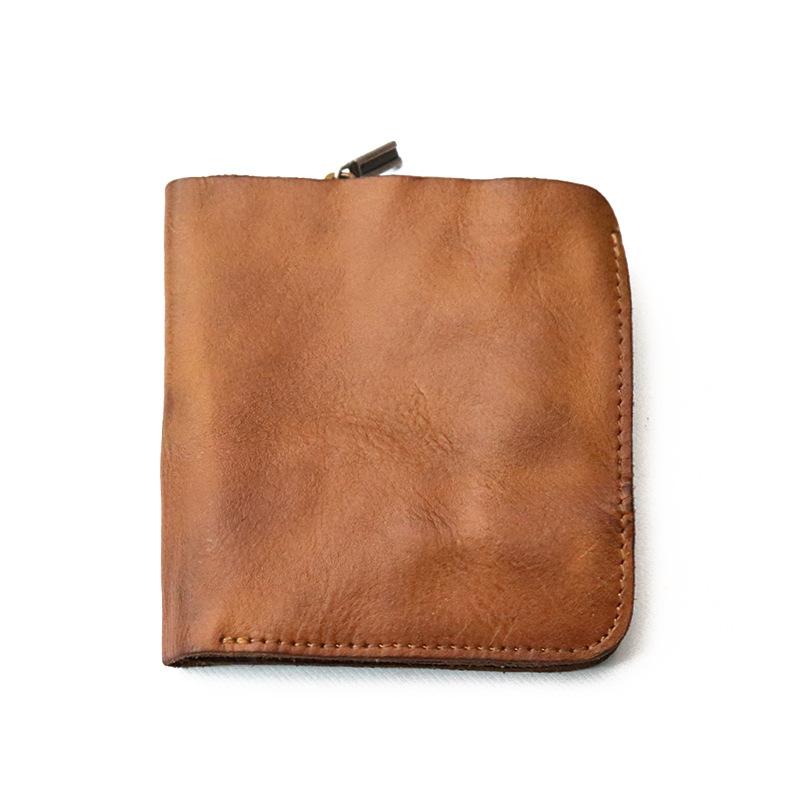 New Top Layer Cowhide Wallet for Men, Retro Two Fold Short Zipper Wallet, Pleated Handmade Old Cowhide Wallet