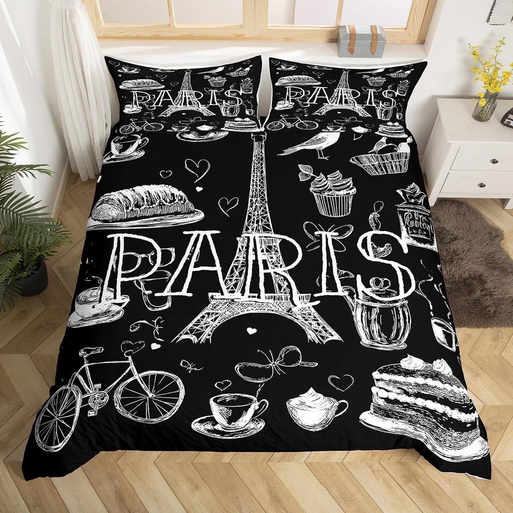 Eiffel Tower Bedding Set Twin Queen Pink Cherry Blossom Duvet Cover Romantic Theme Butterfly Print Comforter Cover for Girl Boys