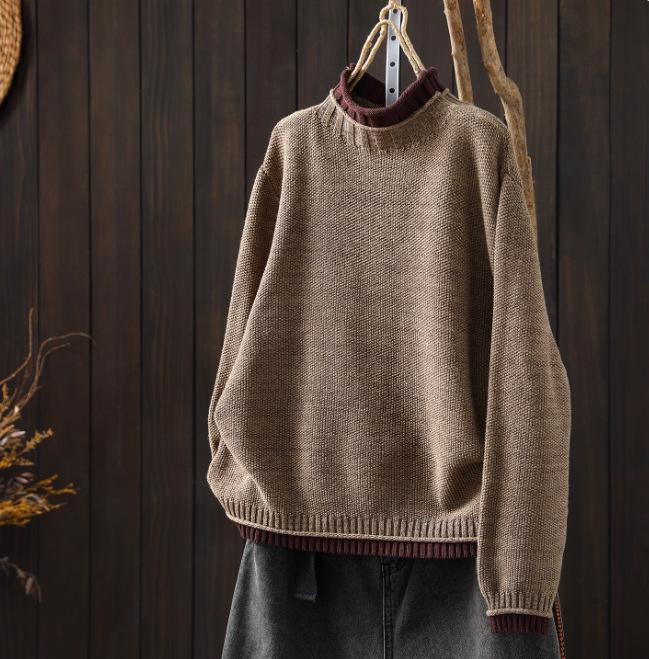 Women's Long Sleeve Sweater Mock Neck Vintage Loose Fit Color Block Knit Pullover Jumper