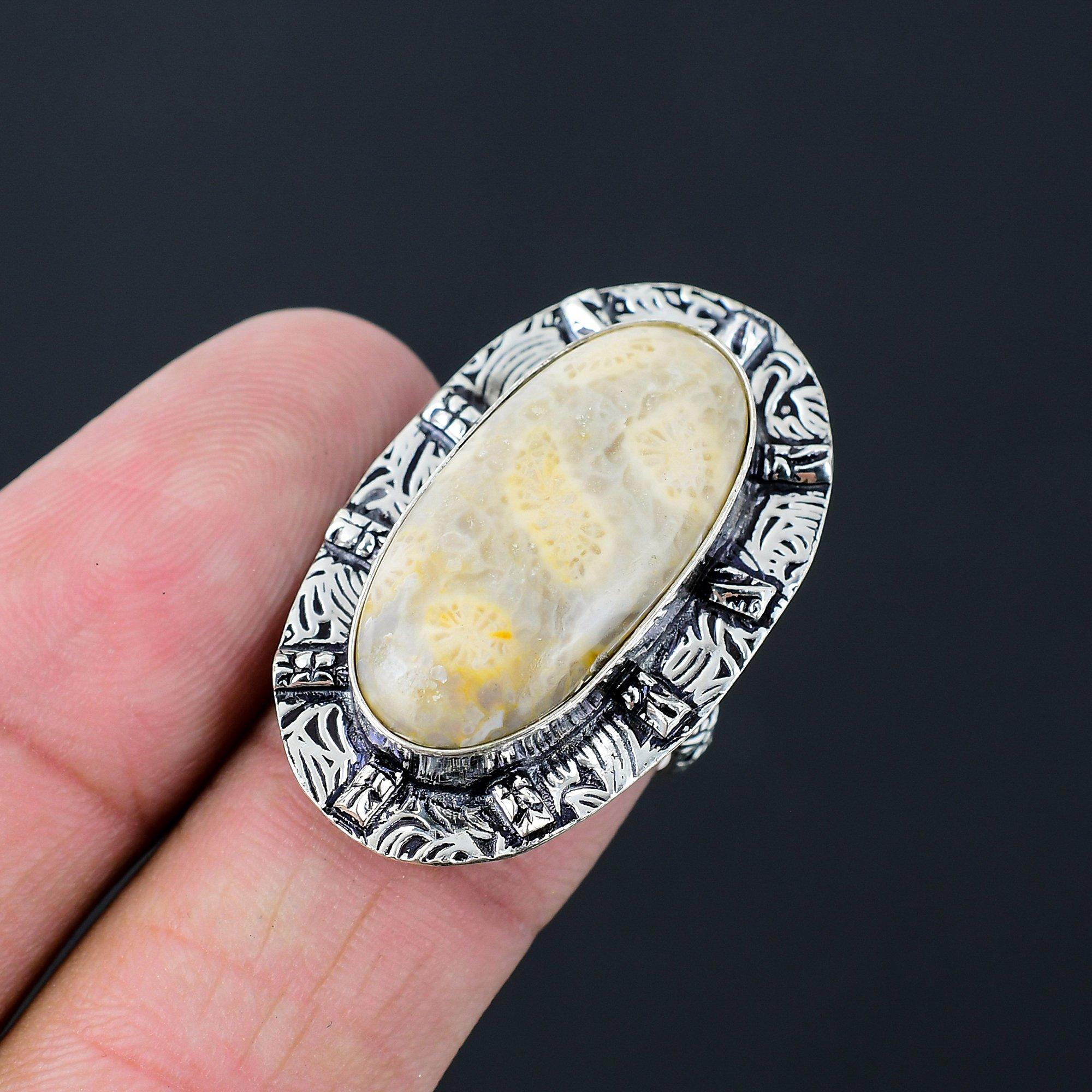 Sterling Silver Oval Natural Fossil Coral Promise Root Chakra Ring Jewelry US 7 7