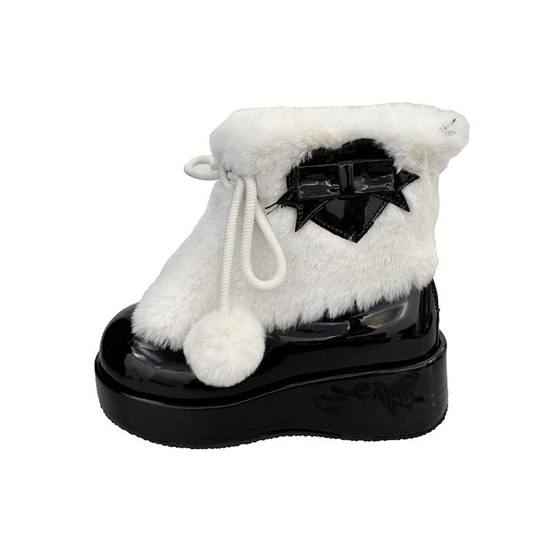 

Kawaii Japanese Original Cute Sweet Warm Lolita Bow Hairball Plush Thick-soled Fluffy Shoes Soft Girl Snow Short Boots Women 40 чорний