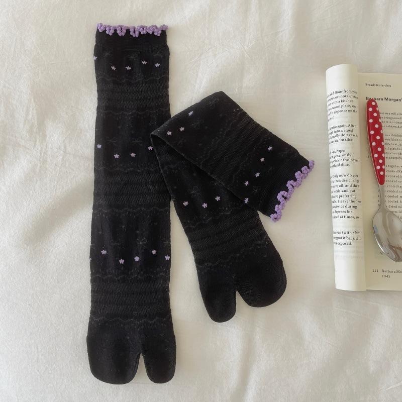 Summer Lightweight Children's Mesh Breathable Split-toe Socks with Two Toes, with Bowknot Lace Trim, Pile-up Socks