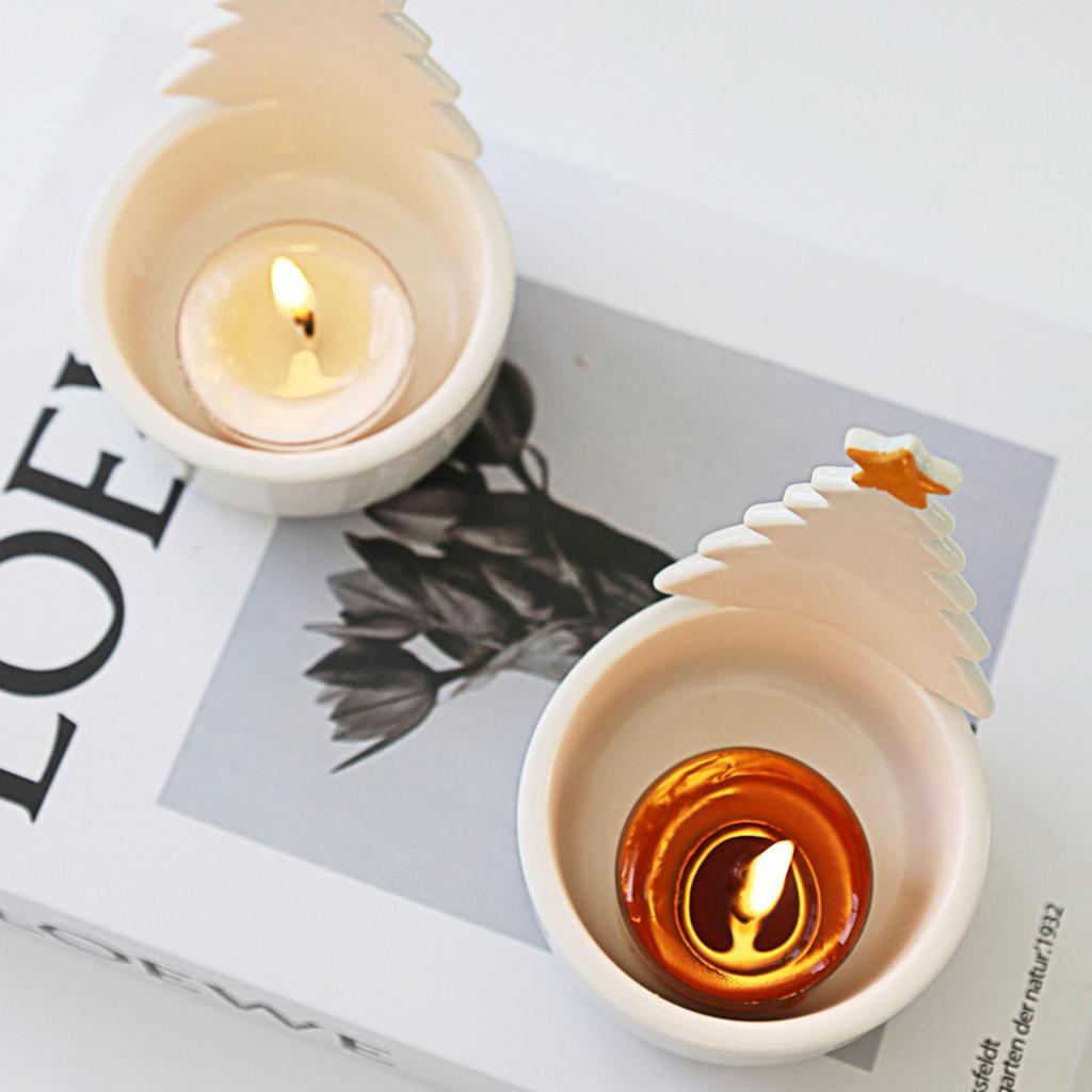 Christmas Tree Candle Holder Tree Decorative Craft Ceramic Tabletop Candlestick For Christmas Home Mantle Winter Holiday