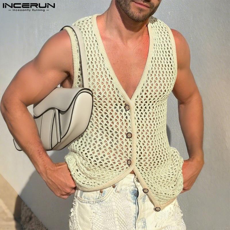 INCERUN Men V Neck Sleeveless Buttons Up Hollow Beach Tank Tops