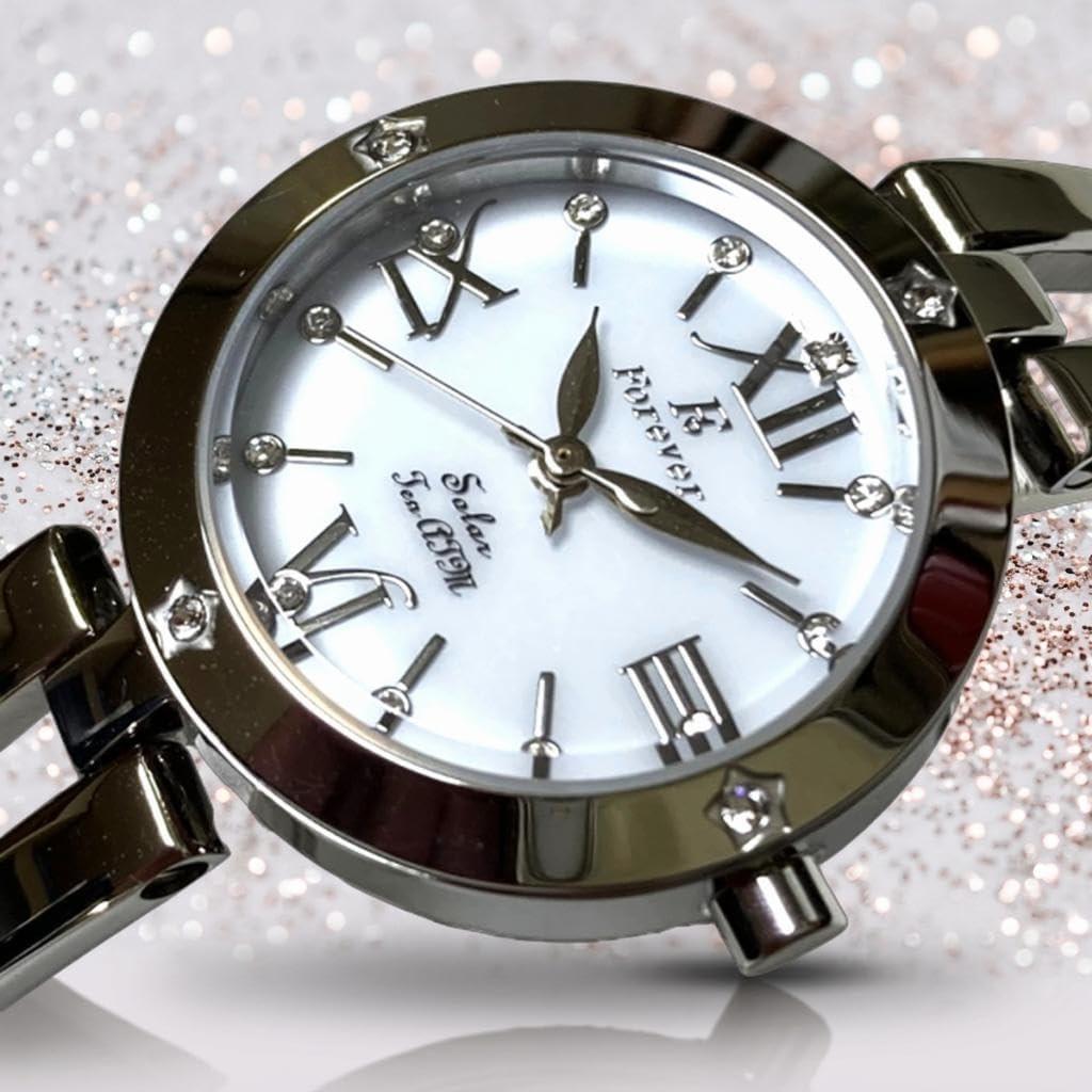Solar 10 ATM Water Easy Strap Adjustment Tools Bracelet Japanese Solar Date Perfect White Roman Dial Ladies' Watch, Resistant, (No Required!),