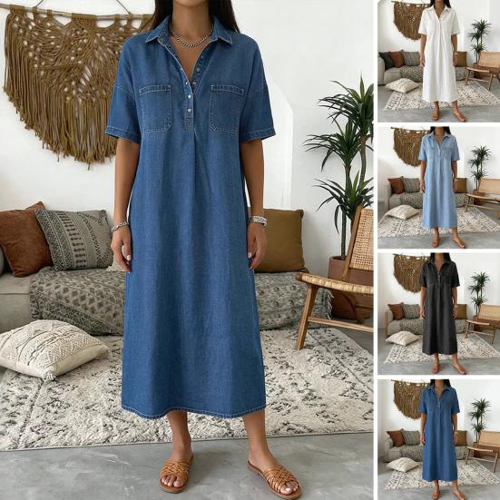 Damen Denim Hemdkleid Lässig Kurzarm Knopfleiste Jeans Midi Kleid Vintage A-Linie Langes Kleid mit Taschen