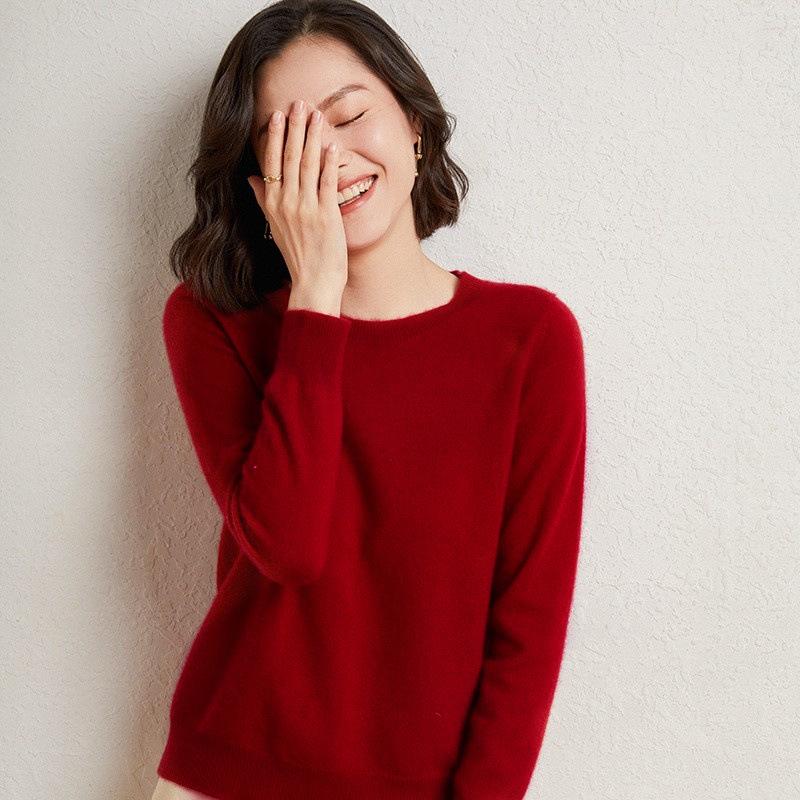 QICED Spring and Autumn Women's Pullover Knitted Sweater, Round-neck Solid Color, Fashionable and Simple Long-sleeved Base Layer