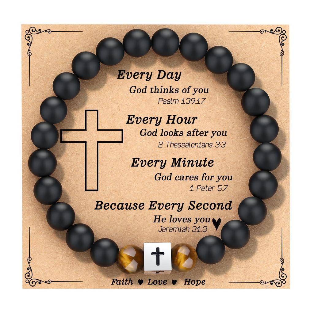 Black Matte Stone & Tiger Eye Square Cross Pendant Bracelet