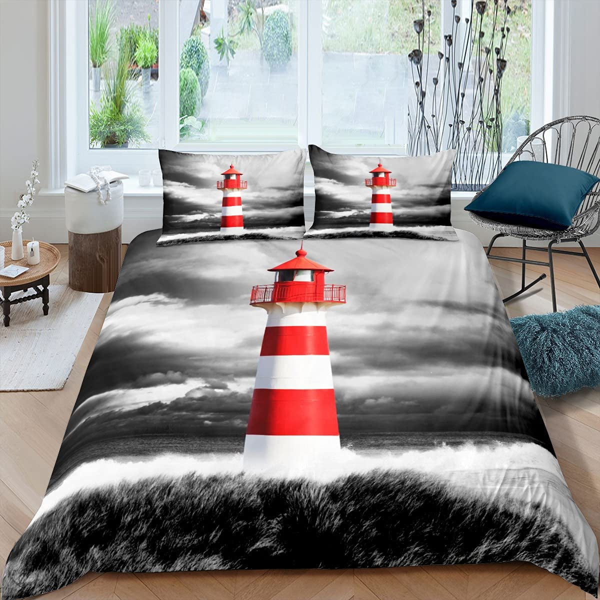 

Light Gren Soft Duvet Cover Set featuring Whimsical Lighthouses Floral Design Beding Ensemble Suitable Children Kids plus Adult Peoples Warm 100*200cm Single