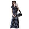 New Summer Ice Silk Maternity Dress with Short Sleeve Polo Collar and Slimming Color Block Stripes