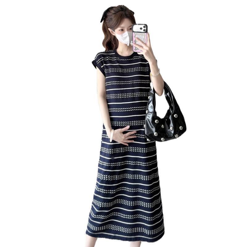 New Summer Ice Silk Maternity Dress with Short Sleeve Polo Collar and Slimming Color Block Stripes