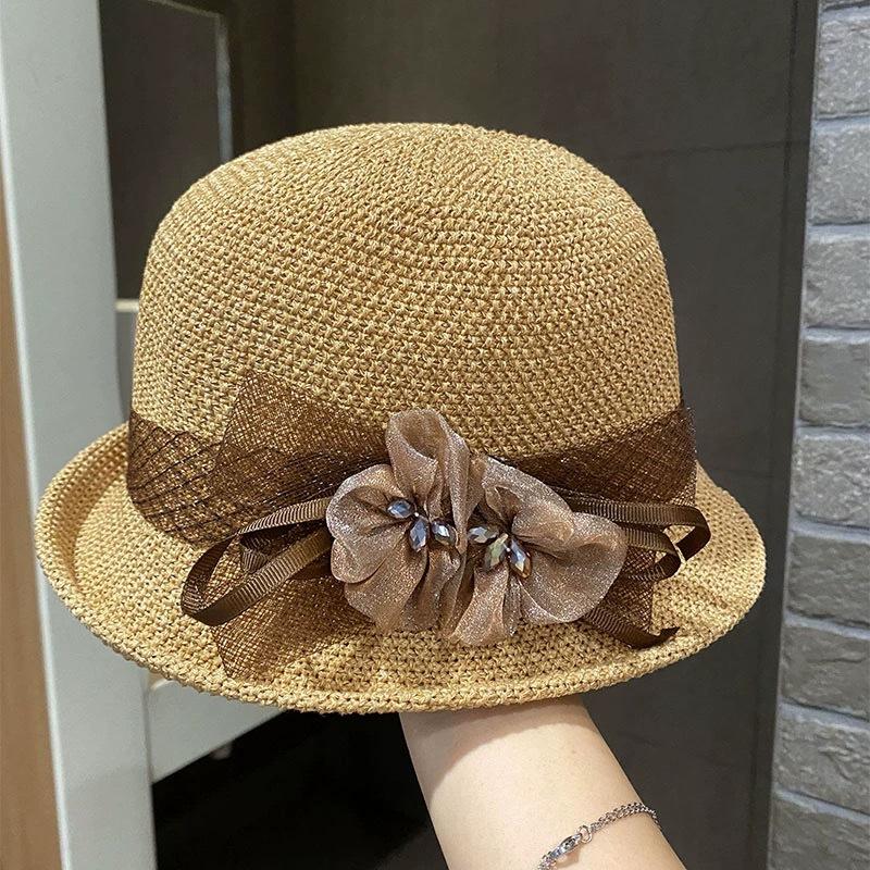 

2025 New Arrival! Women s Summer Rolled Brim Sun Hat | Organza Flower Decorated Bucket | Short Brim Pot & Straw 55-60cm хаки