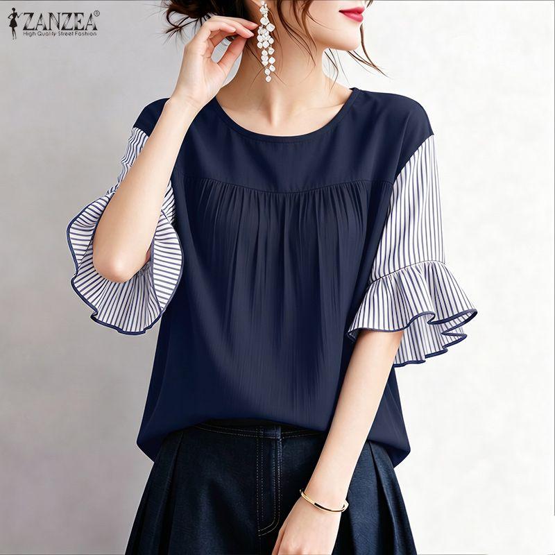ZANZEA Women Casual Round Neck Stripe Splice Half Sleeve Blouse