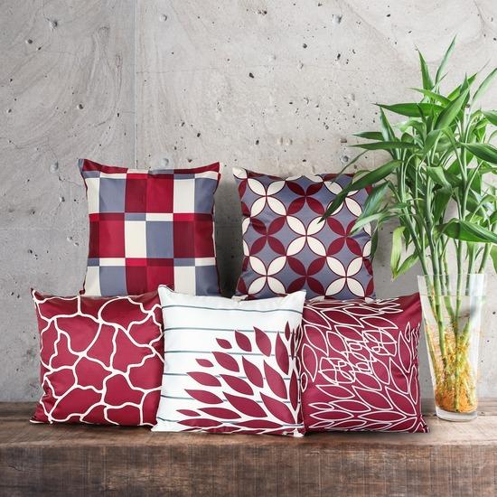 

Modern Maroon & Grey Geometric Decorative Pillow Set of 5 12*12 Inch