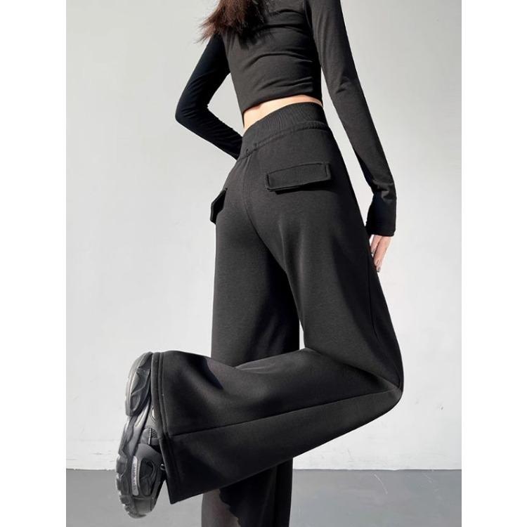 Wygodne i stylowe szare spodnie damskie w amerykańskim stylu ze sznurkiem i szerokimi nogawkami, idealne do noszenia na co dzień i do uprawiania sportu