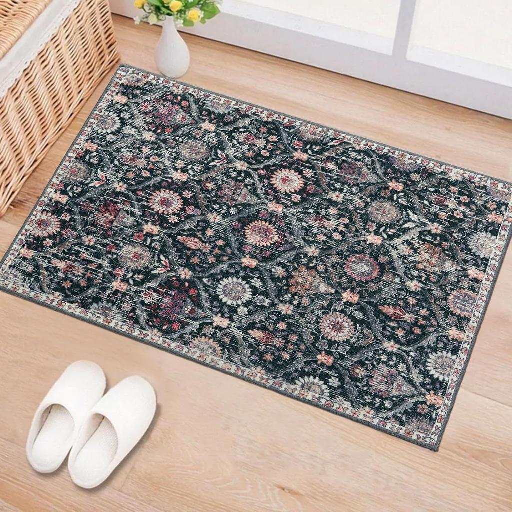 1Pcs Vintage Boho Floral Printed Kitchen Mat Soft Thickened Kitchen Floor Mat Waterproof Non-slip Oil-proof Floor Mat Runner Rug