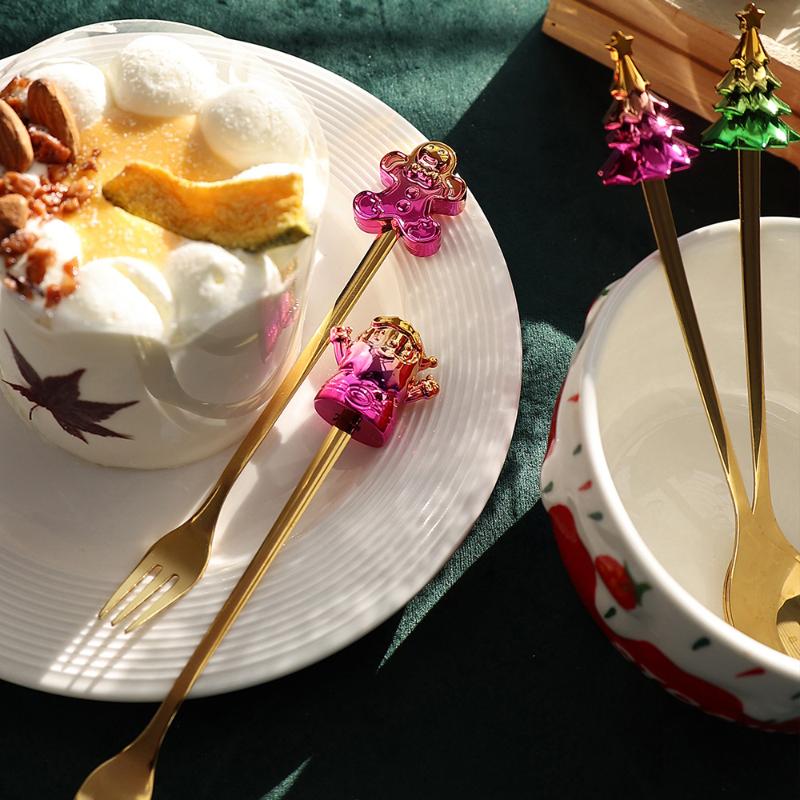 HANYANG juleskjesett julegavebestikk To sett med dessertskjeer og gafler Santa elg dukkeskje