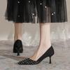 Intellectual Elegance Black Thousand Bird Grid High Heels Spring Thin Heel Pointed Matte Small Fragrant Temperament Single Shoes Women