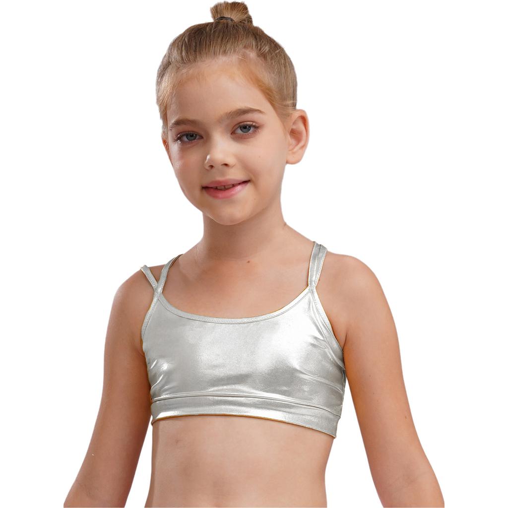Girls Gymnastics Dance Camisole Crisscross Strappy Back Metallic Crop Top