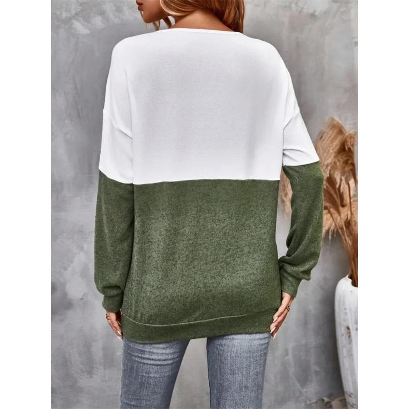 Women's Spring and Autumn V-neck Cross-contrast Stitching Raglan Sleeve Casual T-shirt Top