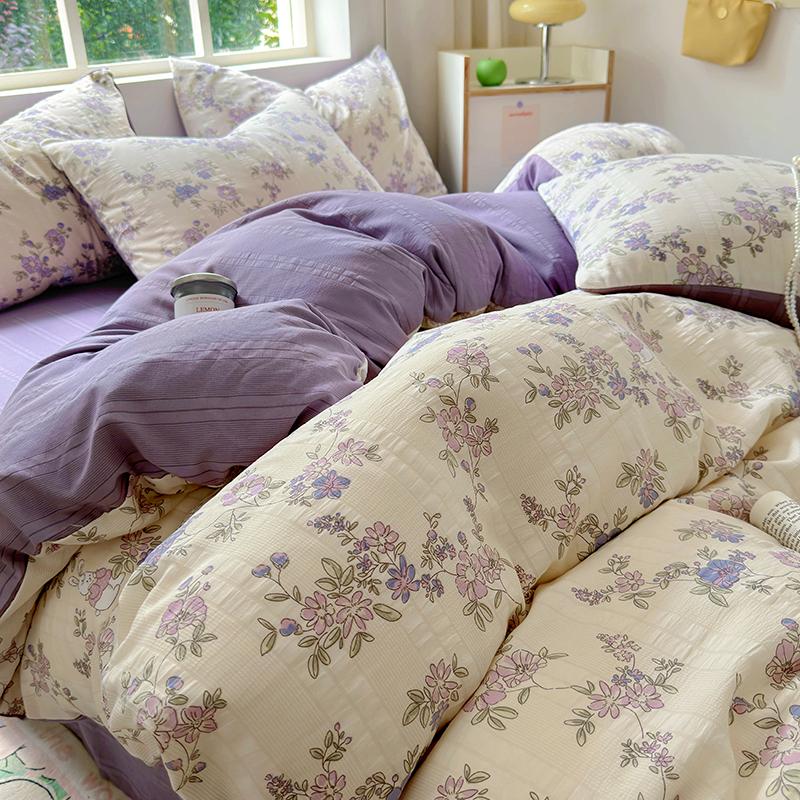 Floral Print French Style Bedding Set Bubble Cotton Duvet Cover Set Washed Cotton Flat Sheet Set Queen For Girl Decor Home