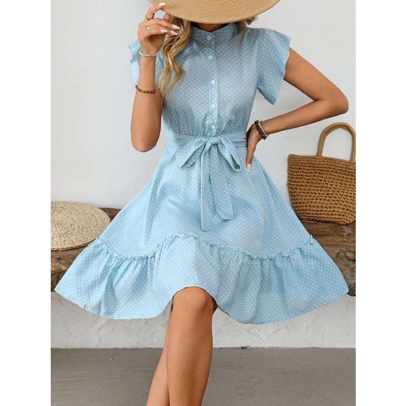 Women Polka Dot Ruffle Short Sleeve Lace Up A Line Casual Vacation Dress