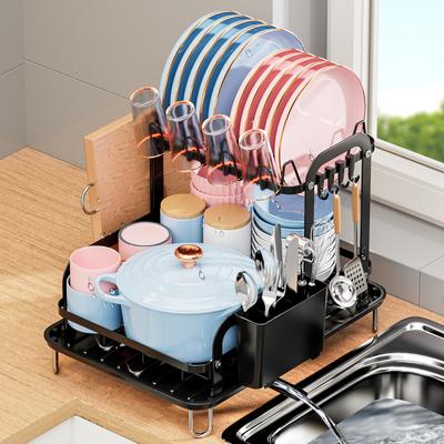 2 Tier Dish Rack Kitchen Counter Organizer Tableware Drainboard Utensil Drain Rack with Tray Kitchen Storage Shelf with Hook