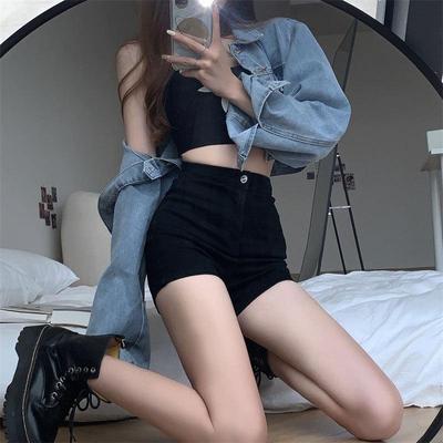 Women's Black High-Waisted Denim Shorts - Elastic, Trendy Summer Style