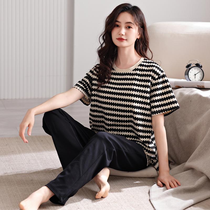 Pajamas Women's Summer Pure Cotton with Chest Pad Short-sleeved Trousers 1011 New Summer Thousand Bird Grid Loungewear Summer Suit