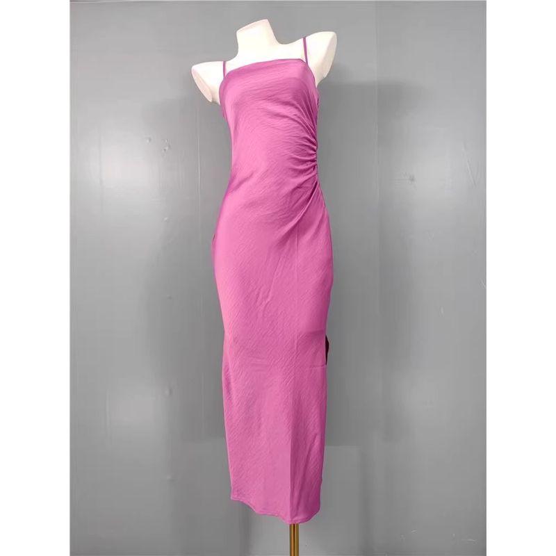 Foreign Trade Order Ho Home Sling Smooth Satin Wrap-around Square Collar Pleat Split Temperament Elegant Summer New Dress