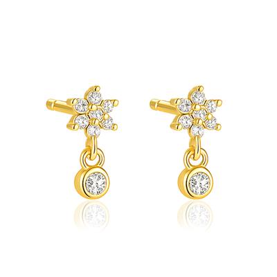 Floral Sparkling Bloom Drop Stud Earrings - 925 Sterling Silver Yellow Plated