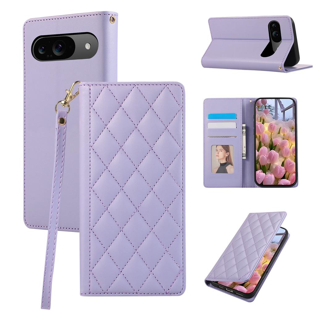 Für Google Pixel 9/9 Pro Hülle RFID-Blockierendes Wallet Ständer Rauten Leder Handyhülle mit Handschlaufe