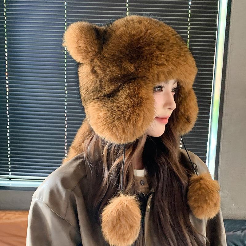 Cute little raccoon with tail hat female winter thickened warm student versatile outdoor bag head cold hat