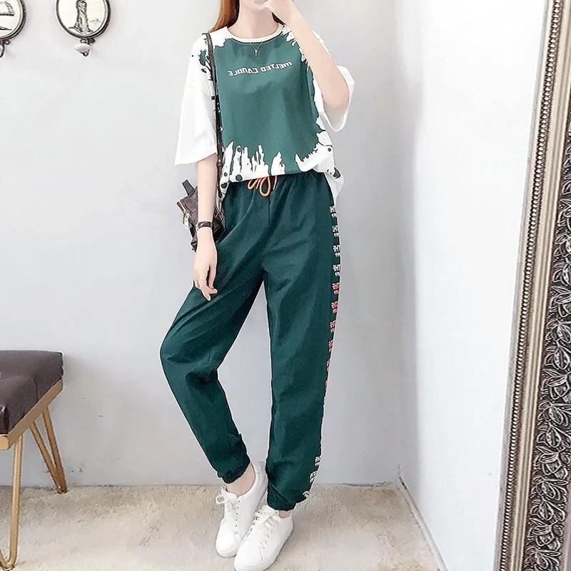 FiveFive Harem Pants Two Piece Suit Female Summer Student Wide Leg Pants Short Sleeve T-shirt Two-piece Suit