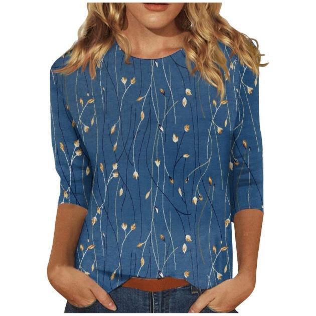 2026 Spring/Summer New Women's Fashion Printed Three-Quarter Sleeve Loose Round Neck Casual T-Shirt Top