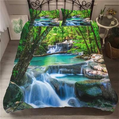 Wasserfall Bettbezug-Set Naturlandschaft Steppdeckenbezug Kissenbezug Landschaft Wald Wasserfall Queen-Size Polyester Bettwäsche-Set