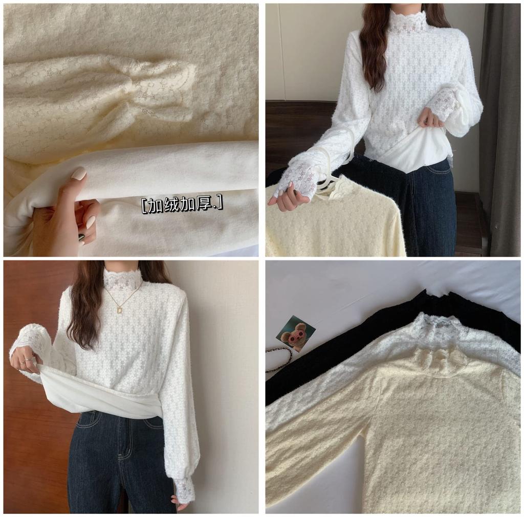 SEYIXU Koronkowa stójka Długa Seksowna i Urocza Koszula Damska Przezroczysty Top, Bluzka, Rękaw, Nadruk, Top, Przezroczysty, Cienki, Całkowicie Koronkowy