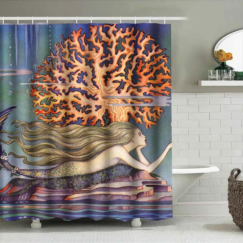 Underwater Fantasy Mermaid Bath Curtain Blue Coral Tree Design For Bathroom Decorations