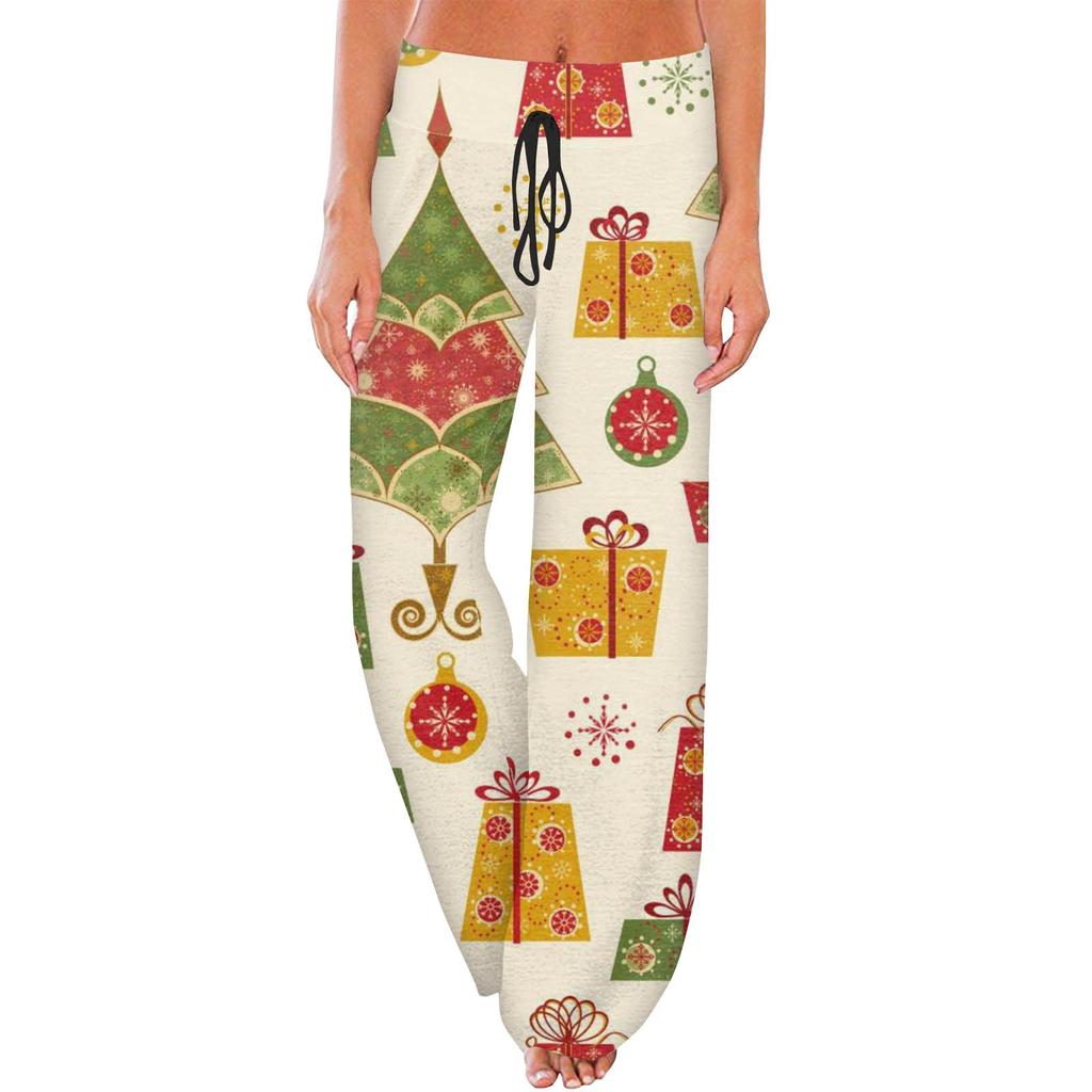 Bequeme Pyjamahose für Damen mit weihnachtlichem Aufdruck und weitem Bein und Kordelzug
