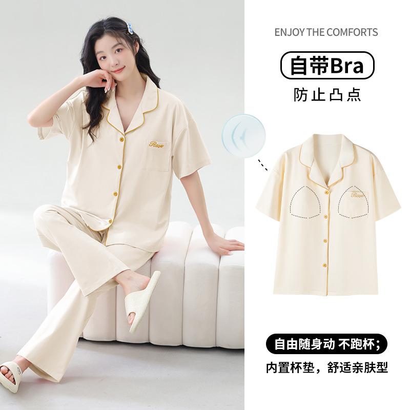 Summer women's pajamas with chest pads 1011 new pure cotton can be worn outside cardigan lapel summer simple home clothes