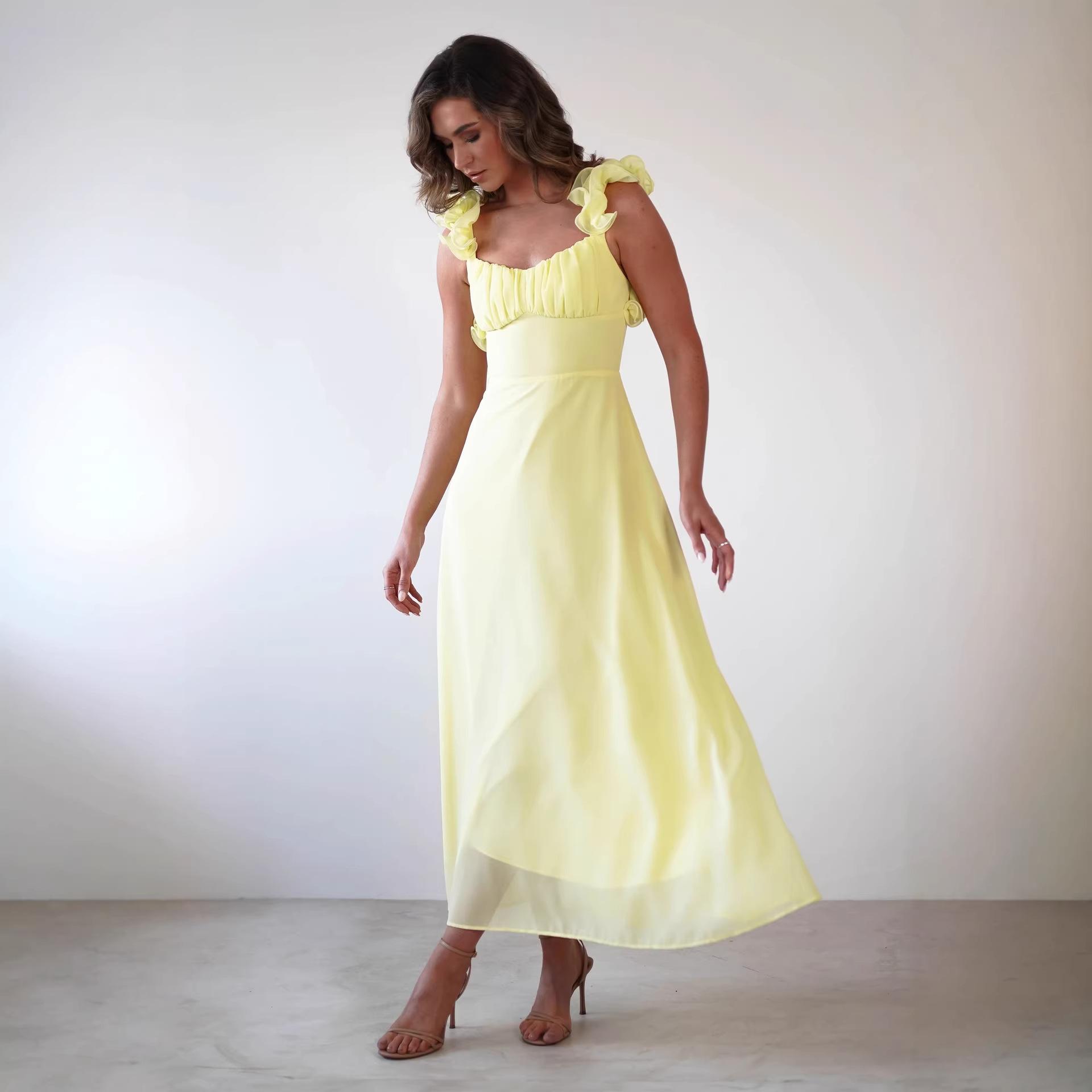 

European and American women s clothing new temperament elegant lace-up A solid color medium and long dress XL жовтий
